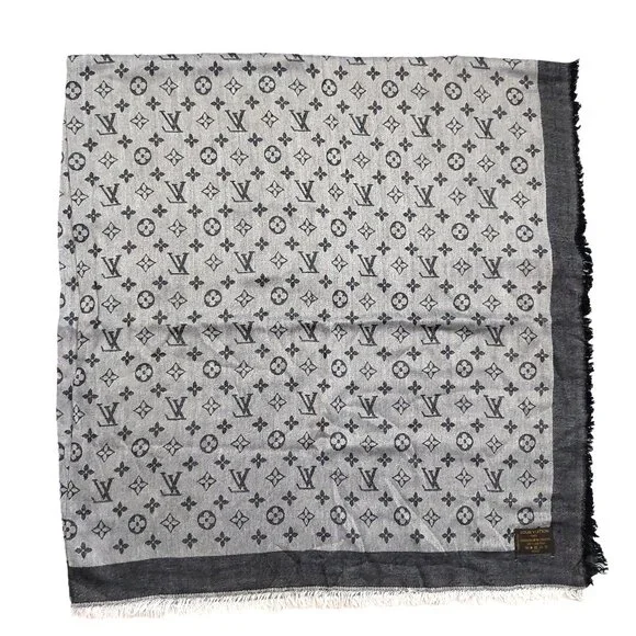 LOUIS VUITTON LV Vintage Light & Charcoal Gray Black Monogram Scarf Shawl Wrap - Picture 8 of 11